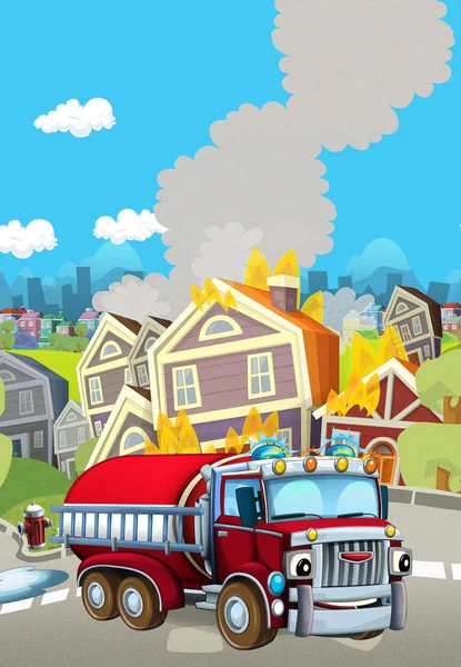 Tecknad scen med brandman bil fordon nära brinnande byggnad - illustration för barn — Stockfoto