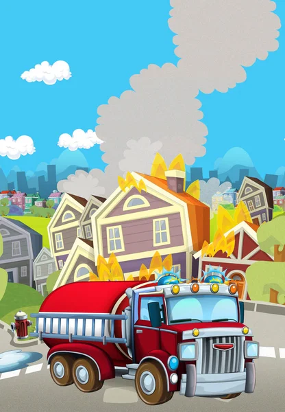燃える建物の近くに消防車と漫画のシーン-子供のためのイラスト — ストック写真
