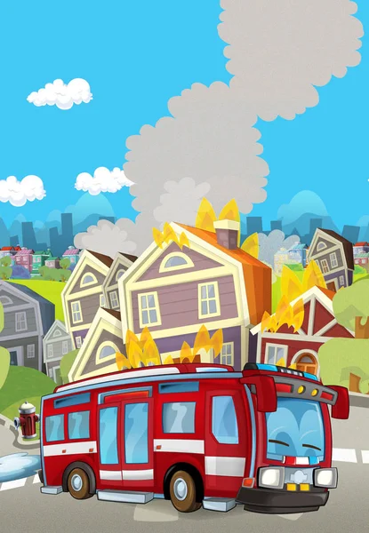 Scène de dessin animé avec véhicule de pompier près du bâtiment en feu illustration pour les enfants — Photo