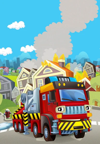 Мультфильм сцена с пожарным автомобилем возле горящего здания - иллюстрация для детей — стоковое фото