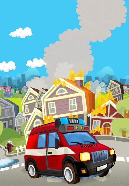 Rajzfilm jelenet tűzoltó autó jármű közel égő épület - illusztráció gyerekeknek — Stock Fotó