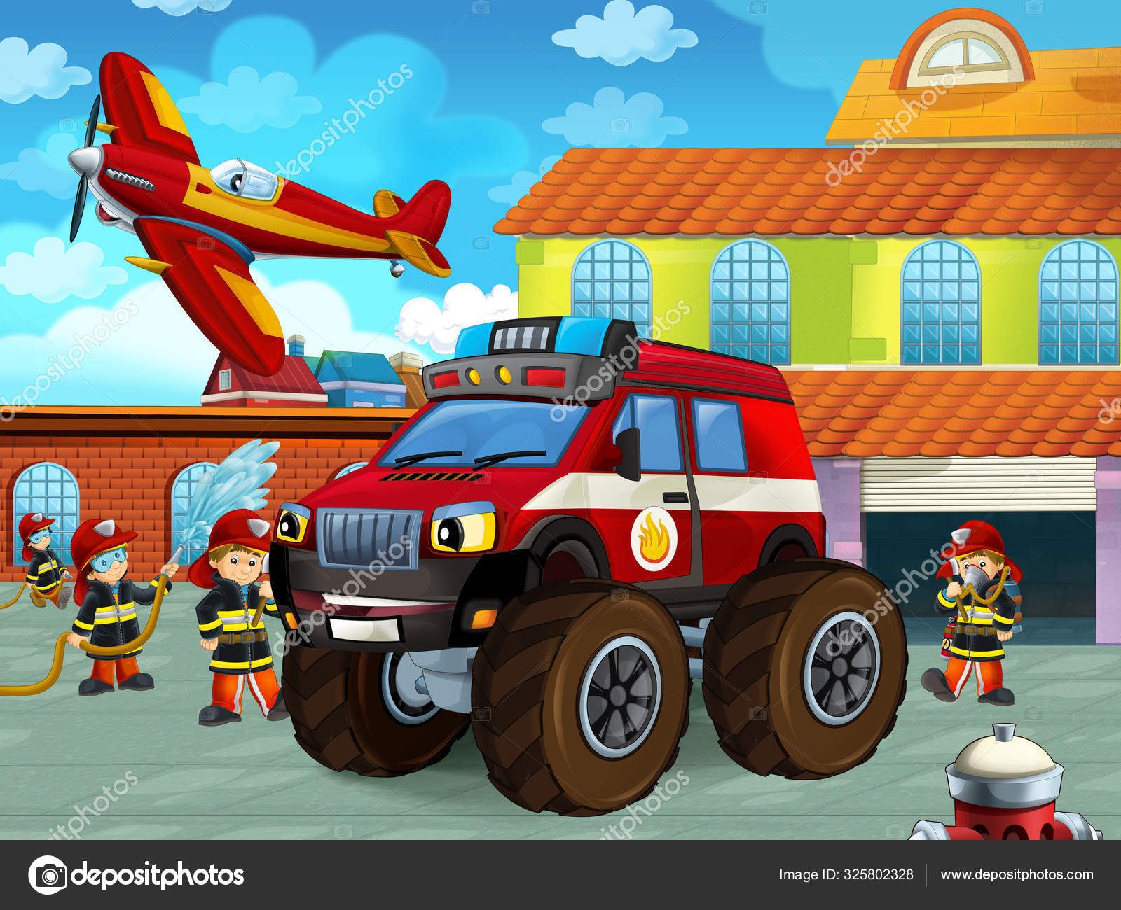 Cartoon scene with fireman car vehicle on the road near the fire station with firemen - illustration for children Stock Photo by ©illustrator_hft 325802328 Cartoon scene with fireman car vehicle on the road near the fire station with firemen - illustration for children Stock Photo by ©illustrator_hft 325802328