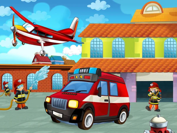 Zeichentrickszene mit Feuerwehrauto auf der Straße in der Nähe des Feuerwehrhauses mit Feuerwehrleuten - Illustration für Kinder — Stockfoto