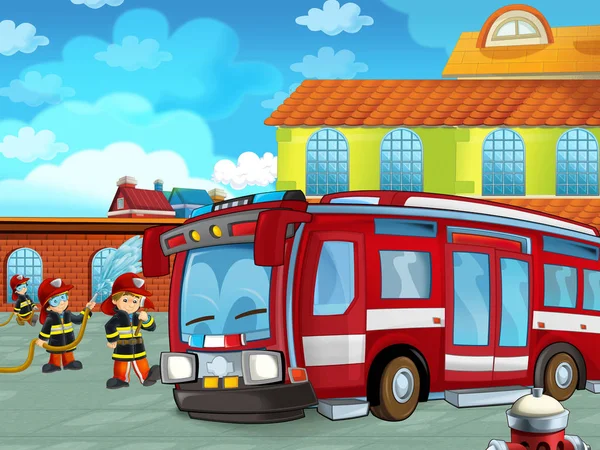 Cartoon scene with fireman car vehicle on the road near the fire station with firemen - illustration for children — Stock Photo, Image