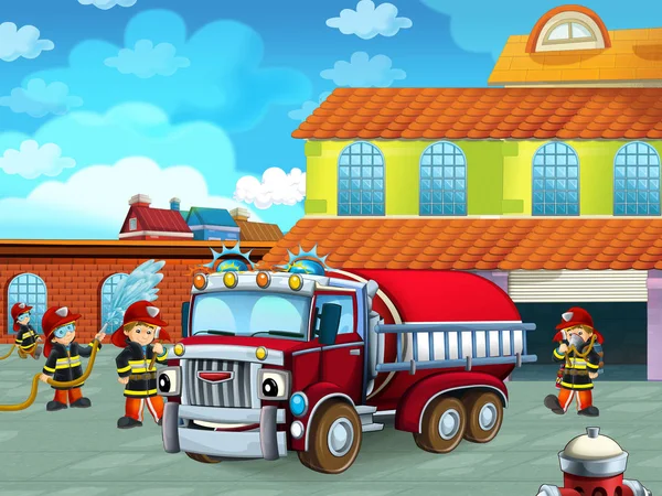 Kreslená scéna s hasičským vozem na silnici u hasičské stanice s hasiči - ilustrace pro děti — Stock fotografie