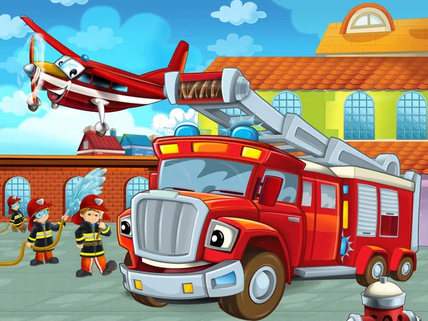 Zeichentrickszene mit Feuerwehrauto auf der Straße in der Nähe des Feuerwehrhauses mit Feuerwehrleuten - Illustration für Kinder — Stockfoto