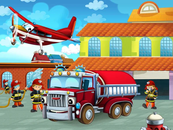 Мультфильм сцена с пожарным автомобилем на дороге возле пожарной станции с пожарными - иллюстрация для детей — стоковое фото