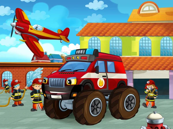 Zeichentrickszene mit Feuerwehrauto auf der Straße in der Nähe des Feuerwehrhauses mit Feuerwehrleuten - Illustration für Kinder — Stockfoto