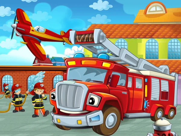cartoon scene with fireman car vehicle on the road near the fire station with firemen - illustration for children