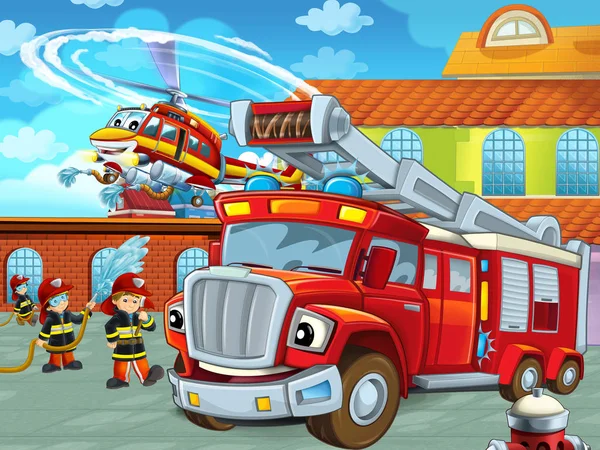 Scena z kreskówek z wozem strażackim na drodze w pobliżu remizy strażackiej ze strażakami - ilustracja dla dzieci — Zdjęcie stockowe