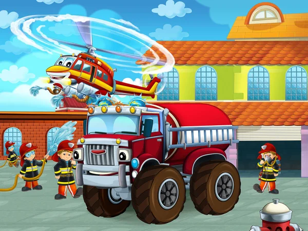Kreslená scéna s hasičským vozem na silnici u hasičské stanice s hasiči - ilustrace pro děti — Stock fotografie