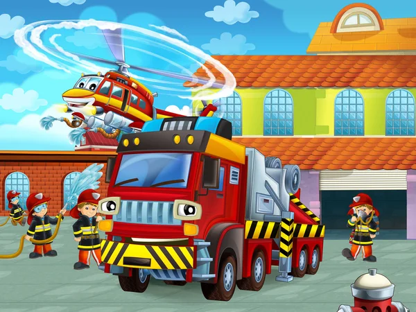 Scena z kreskówek z wozem strażackim na drodze w pobliżu remizy strażackiej ze strażakami - ilustracja dla dzieci — Zdjęcie stockowe