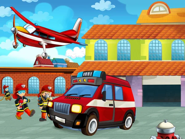 cartoon scene with fireman car vehicle on the road near the fire station with firemen - illustration for children