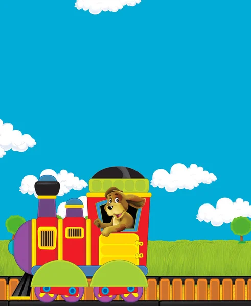 아이들을 위한 목초지를 지나가는 만화같은 증기 기관차 — 스톡 사진