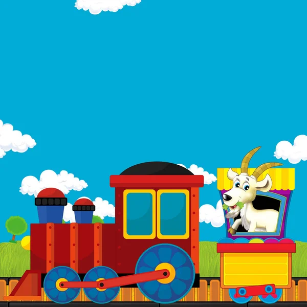 Мультфильм смешно выглядит паровоз, идущий через луг - иллюстрация для детей — стоковое фото