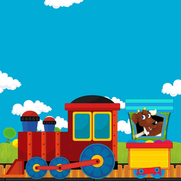 卡通画滑稽的蒸汽火车穿过草地.儿童图解 — 图库照片