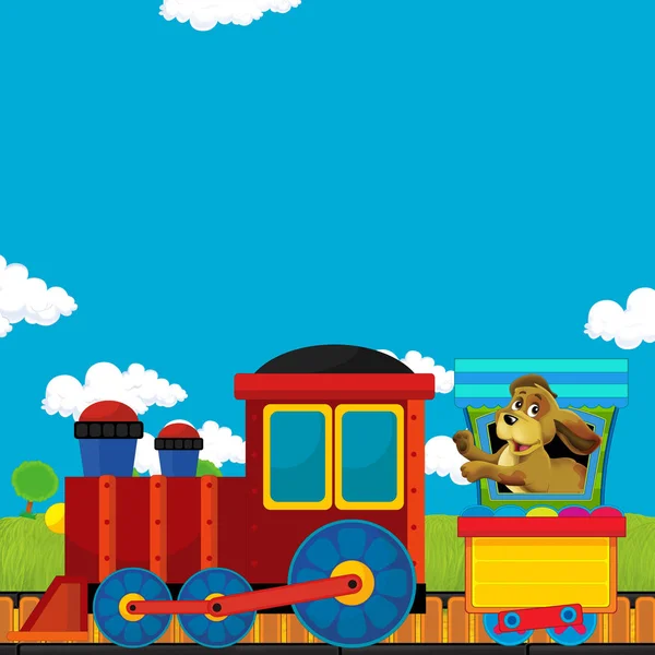 Cartoon funny looking steam train going through the meadow - illustration for children — Stock Photo, Image