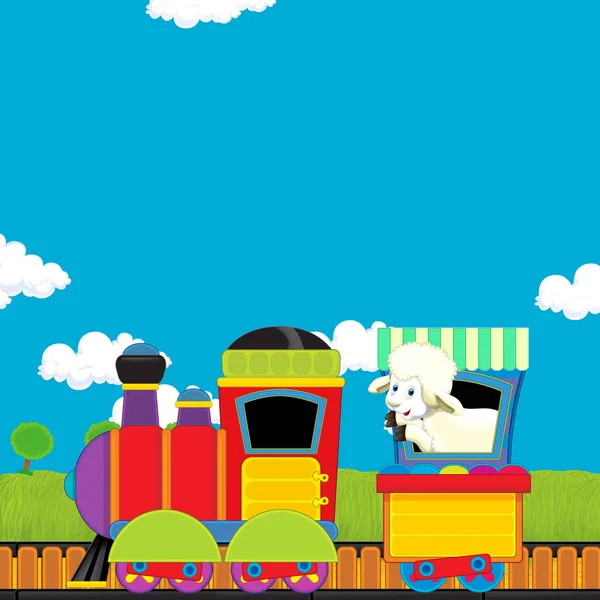 아이들을 위한 목초지를 지나가는 만화같은 증기 기관차 — 스톡 사진
