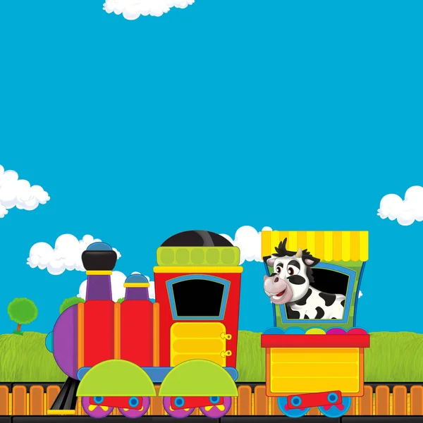 Kreskówkowy śmiesznie wyglądający pociąg parowy przechodzący przez łąkę - ilustracja dla dzieci — Zdjęcie stockowe