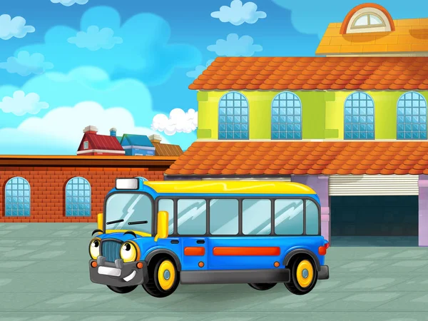 Tecknad scen med bil fordon på vägen nära garaget eller reparationsstationen - illustration för barn — Stockfoto