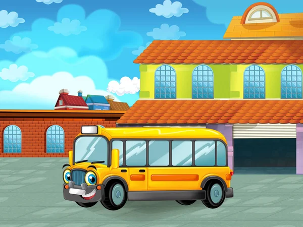 Cartoon scene with car vehicle on the road near the garage or repair station - illustration for children — Stock Photo, Image