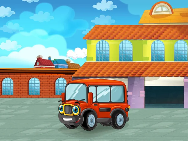 Cartoon scene with car vehicle on the road near the garage or repair station - illustration for children — Stock Photo, Image