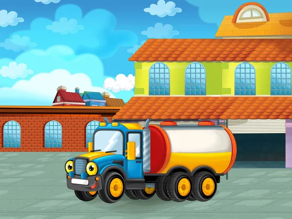 Cartoon scene with car vehicle on the road near the garage or repair station - illustration for children — Stock Photo, Image