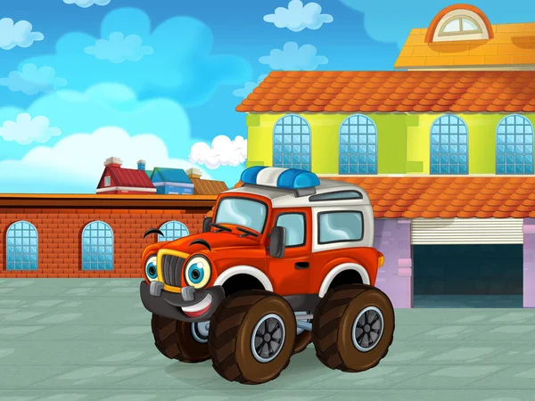 Cartoon scene met auto voertuig op de weg in de buurt van de garage of reparatiepost - illustratie voor kinderen — Stockfoto