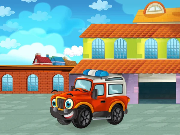 Cartoon scene met auto voertuig op de weg in de buurt van de garage of reparatiepost - illustratie voor kinderen — Stockfoto