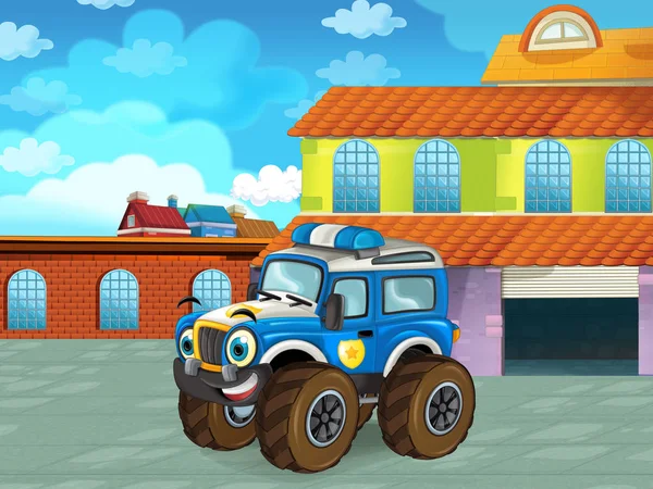 Coche de la policía de dibujos animados que parece camión monstruo que conduce a través de la ciudad o aparcamiento cerca del garaje - ilustración para los niños — Foto de Stock