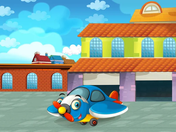 Scena del cartone animato con veicolo aereo sulla strada vicino al garage o alla stazione di riparazione - illustrazione per bambini — Foto Stock
