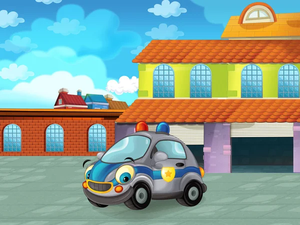 Мультяшний поліцейський автомобіль, що проїжджає через місто або парковку біля гаража - ілюстрація для дітей — стокове фото