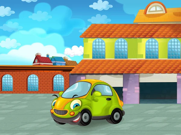 Samochód kreskówki jazdy przez miasto lub parking w pobliżu garażu - ilustracja dla dzieci — Zdjęcie stockowe