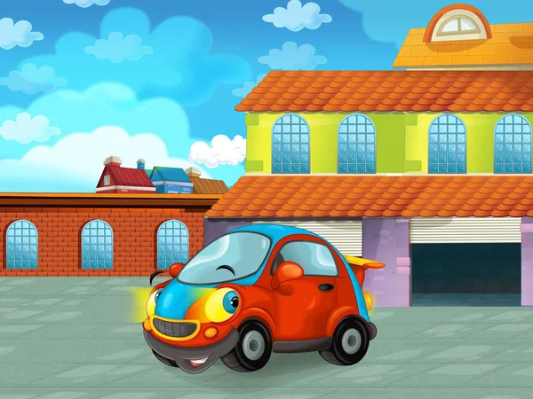 Cartoon auto rijden door de stad of parkeren in de buurt van de garage - illustratie voor kinderen — Stockfoto