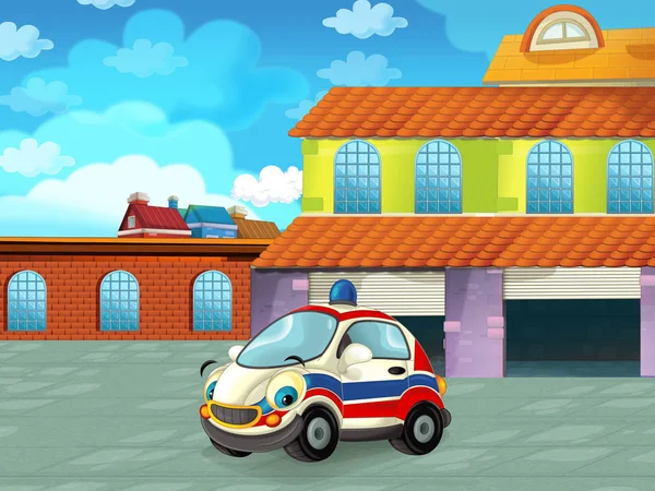 Kreskówkowy samochód policyjny przejeżdżający przez miasto lub parking w pobliżu garażu - ilustracja dla dzieci — Zdjęcie stockowe
