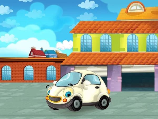 Kreskówkowy samochód policyjny przejeżdżający przez miasto lub parking w pobliżu garażu - ilustracja dla dzieci — Zdjęcie stockowe