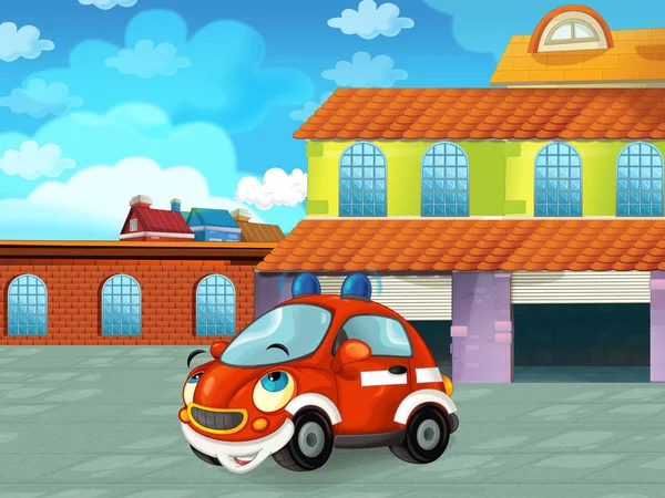 Kreskówkowy samochód strażacki przejeżdżający przez miasto lub parking w pobliżu garażu - ilustracja dla dzieci — Zdjęcie stockowe