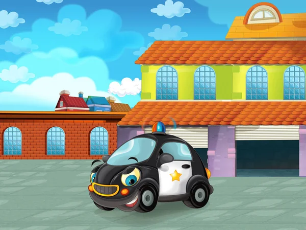 Cartoon-Polizeiauto fährt durch die Stadt oder parkt in der Nähe der Garage - Illustration für Kinder — Stockfoto