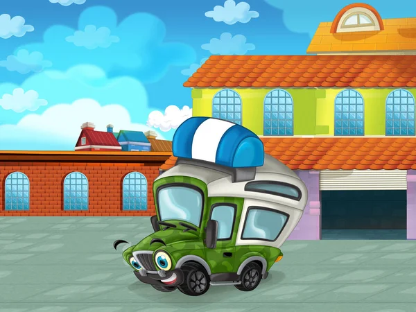 Cartoon scene met auto voertuig op de weg in de buurt van de garage of reparatiepost - illustratie voor kinderen — Stockfoto