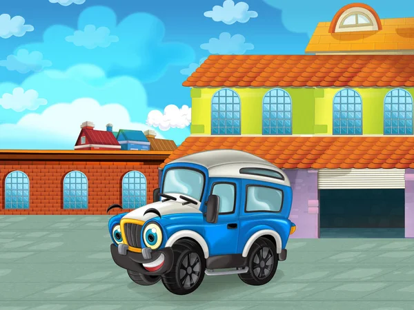 Scène de dessin animé avec véhicule automobile sur la route près du garage ou de la station de réparation illustration pour les enfants — Photo