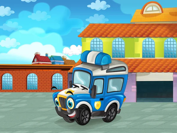 Cena dos desenhos animados com veículo de carro na estrada perto da garagem ou estação de reparação - ilustração para crianças — Fotografia de Stock