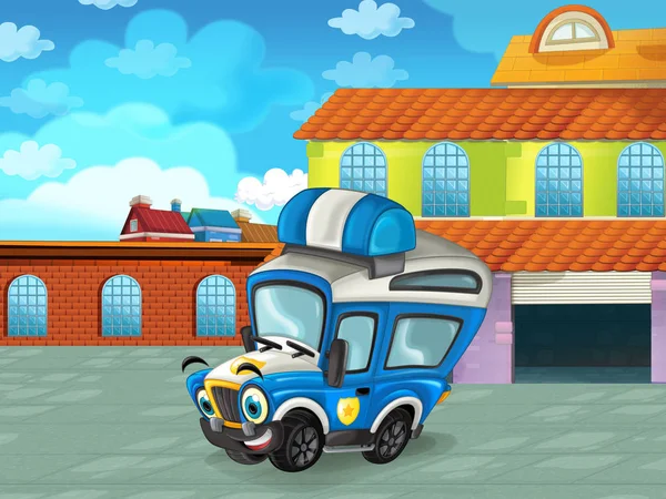 Cartoon scene met auto voertuig op de weg in de buurt van de garage of reparatiepost - illustratie voor kinderen — Stockfoto