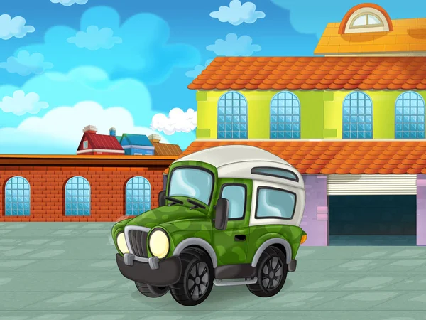 Cartoon scene met auto voertuig op de weg in de buurt van de garage of reparatiepost - illustratie voor kinderen — Stockfoto