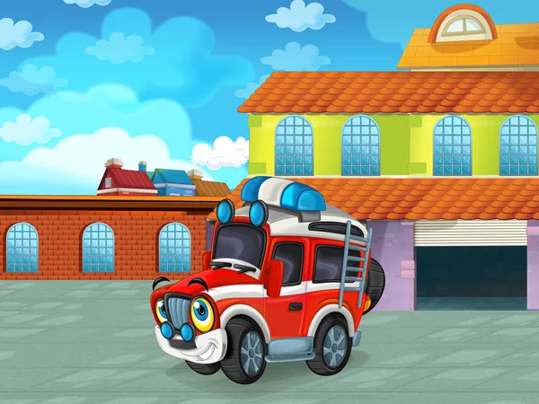 Zeichentrickszene mit Auto auf der Straße in der Nähe der Garage oder Reparaturstation - Illustration für Kinder — Stockfoto