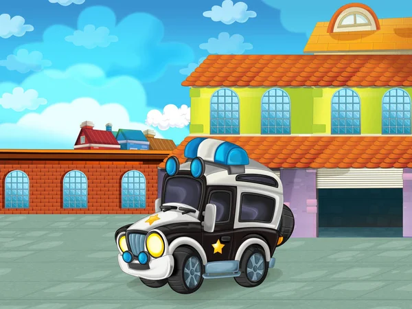 Cartoon scene met auto voertuig op de weg in de buurt van de garage of reparatiepost - illustratie voor kinderen — Stockfoto