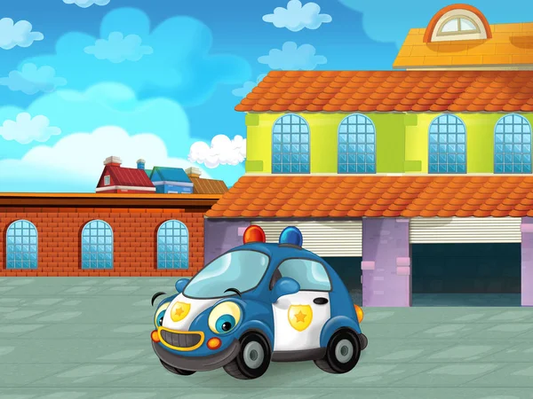 Cartoon police car looking like monster truck driving through the city or parking near the garage - illustration for children — ストック写真