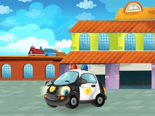 Cartoon police car driving through the city or parking near the garage - illustration for children — ストック写真