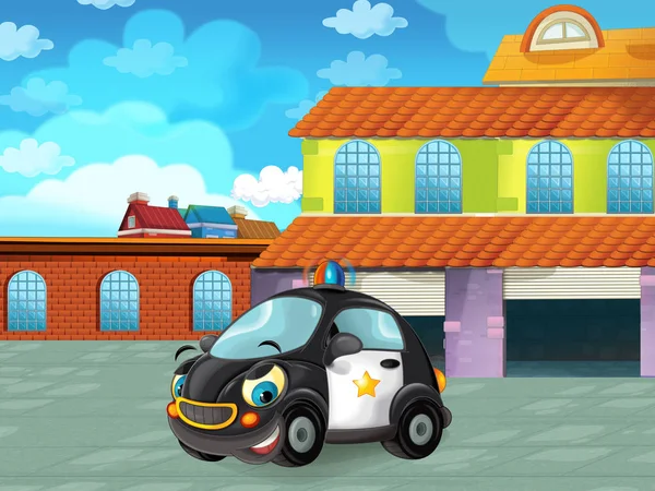 Cartoon police car driving through the city or parking near the garage - illustration for children — ストック写真