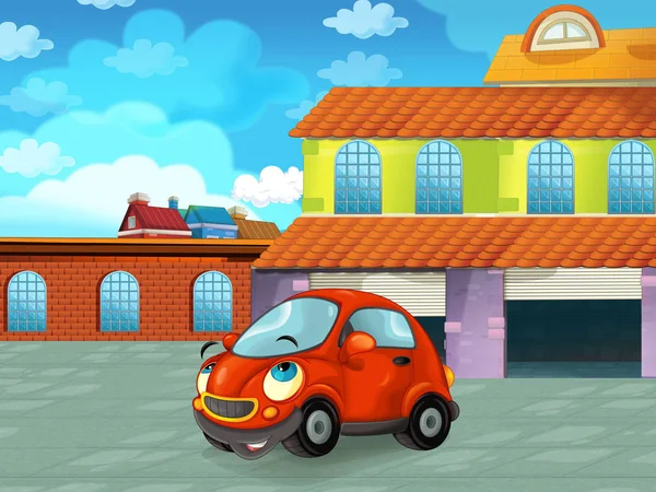 Samochód kreskówki jazdy przez miasto lub parking w pobliżu garażu - ilustracja dla dzieci — Zdjęcie stockowe