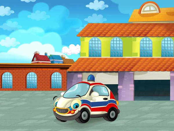 Cartoon police car driving through the city or parking near the garage - illustration for children — ストック写真